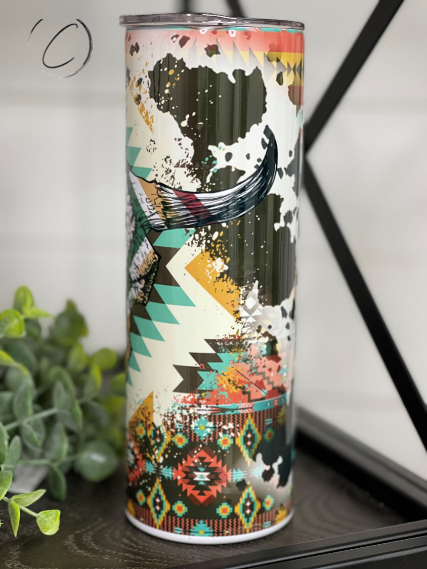Western Aztec Bull Skull 20oz skinny tumbler