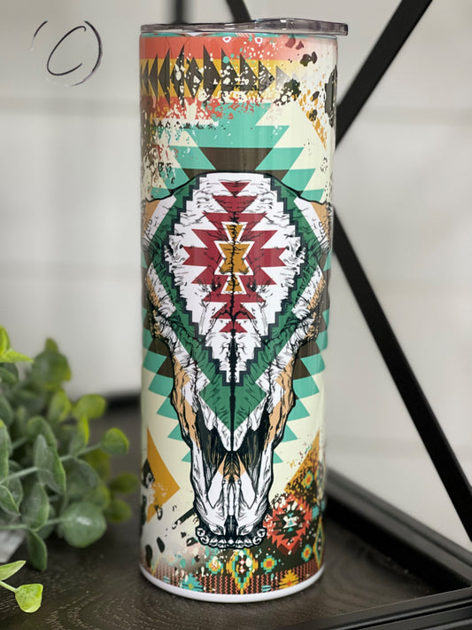 Western Aztec Bull Skull 20oz skinny tumbler