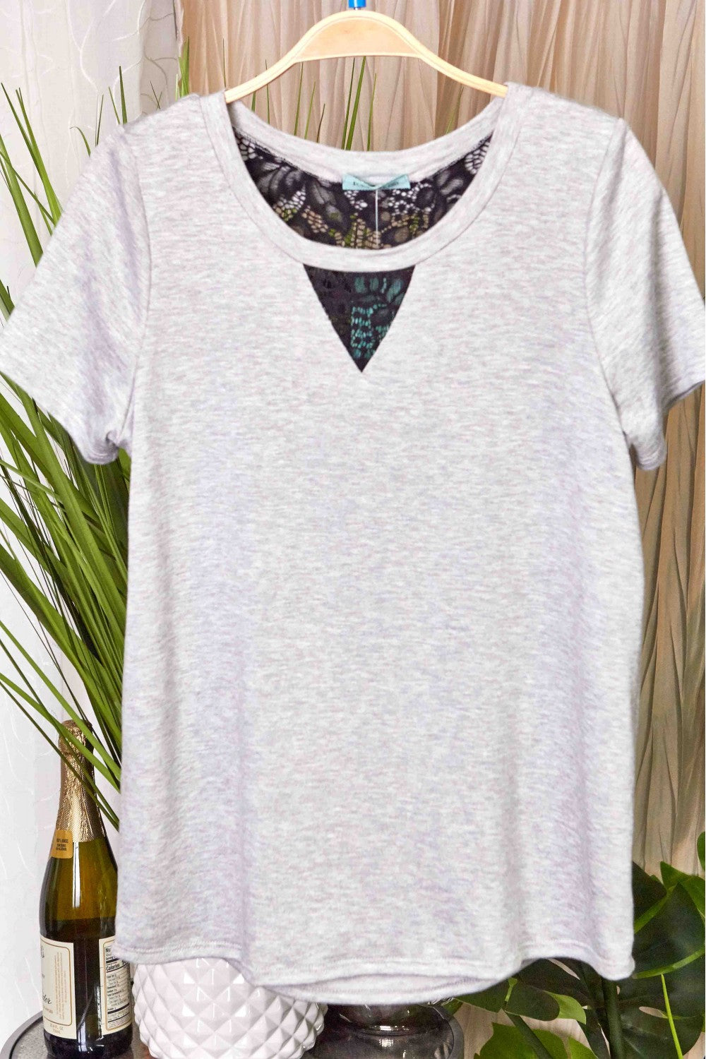 French Terry Short Sleeve Top With Lace Contrast Back