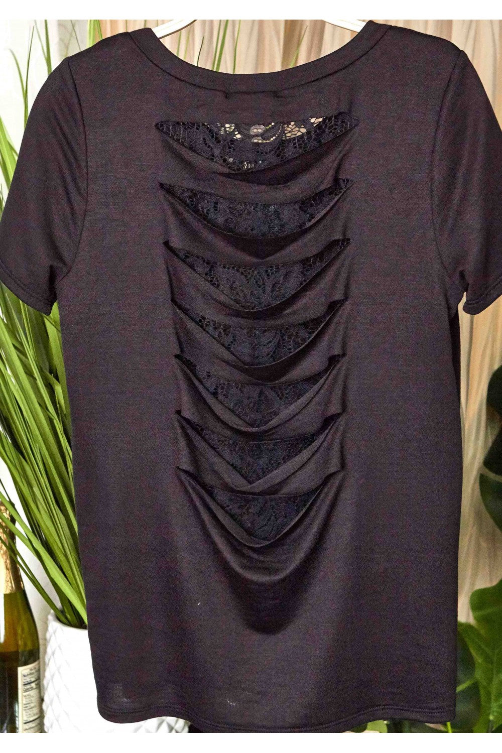 French Terry Short Sleeve Top With Lace Contrast Back