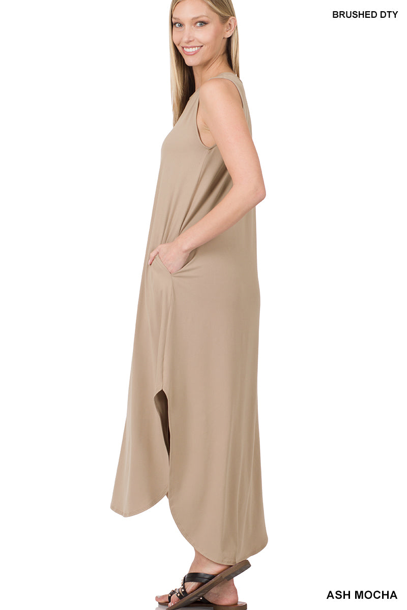 Brushed Sleeveless Side Slit Dress with Pockets