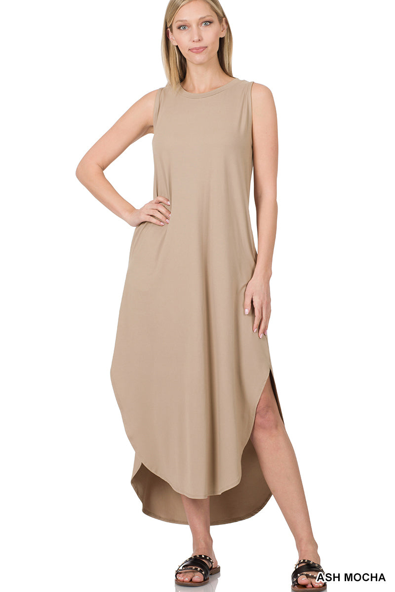Brushed Sleeveless Side Slit Dress with Pockets