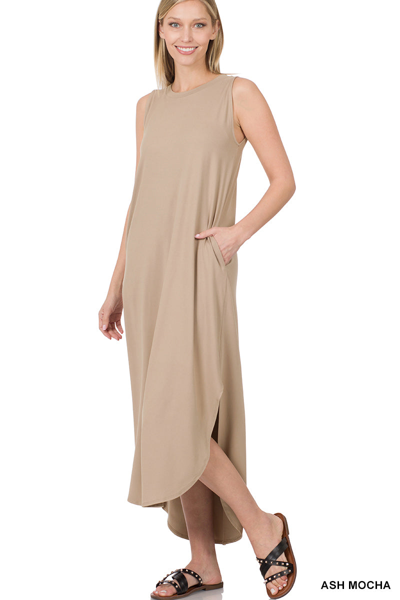 Brushed Sleeveless Side Slit Dress with Pockets