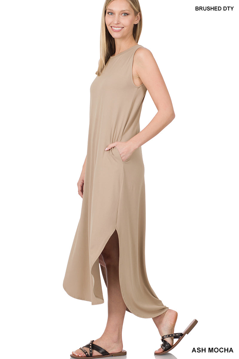 Brushed Sleeveless Side Slit Dress with Pockets