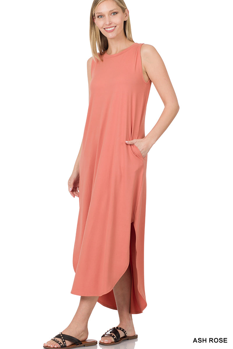 Brushed Sleeveless Side Slit Dress with Pockets