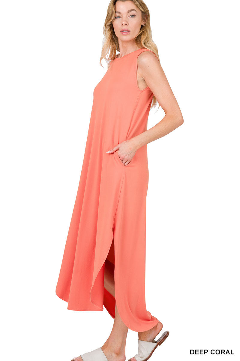 Brushed Sleeveless Side Slit Dress with Pockets