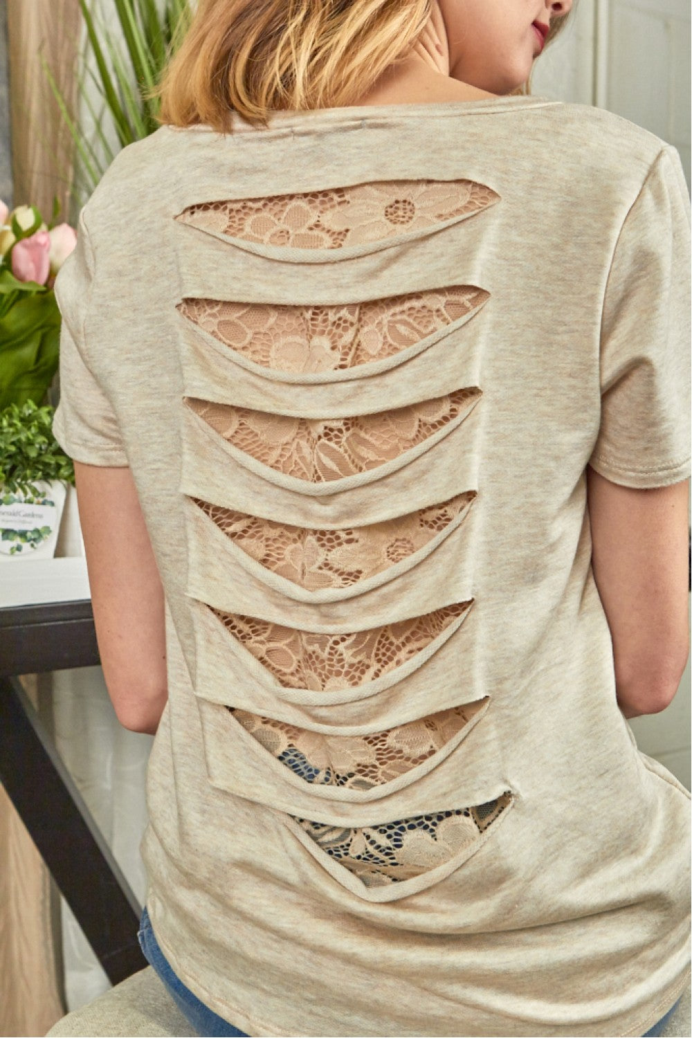 French Terry Short Sleeve Top With Lace Contrast Back