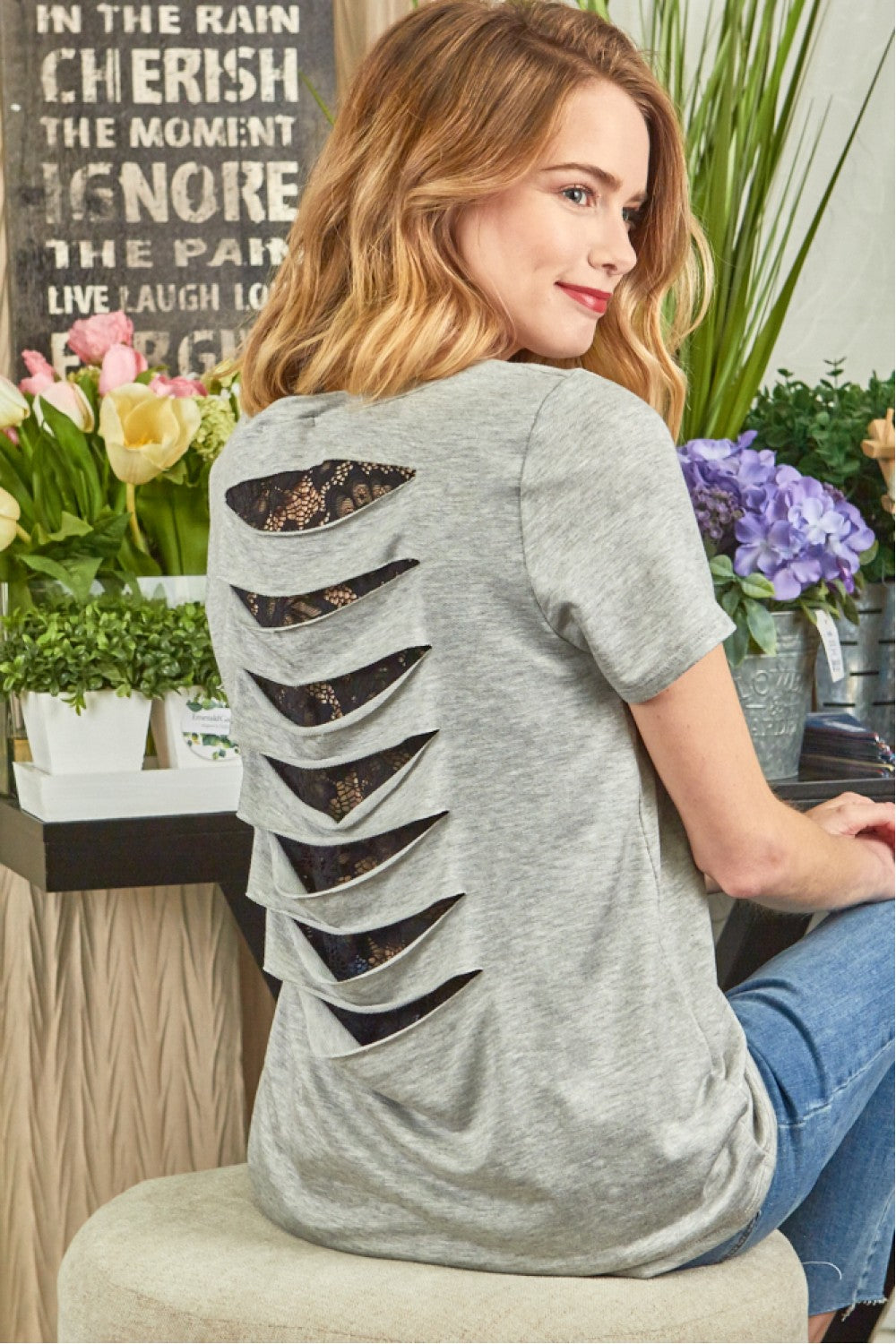 French Terry Short Sleeve Top With Lace Contrast Back