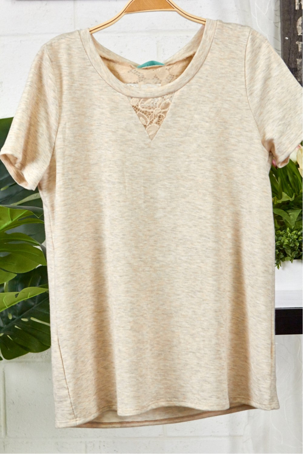 French Terry Short Sleeve Top With Lace Contrast Back