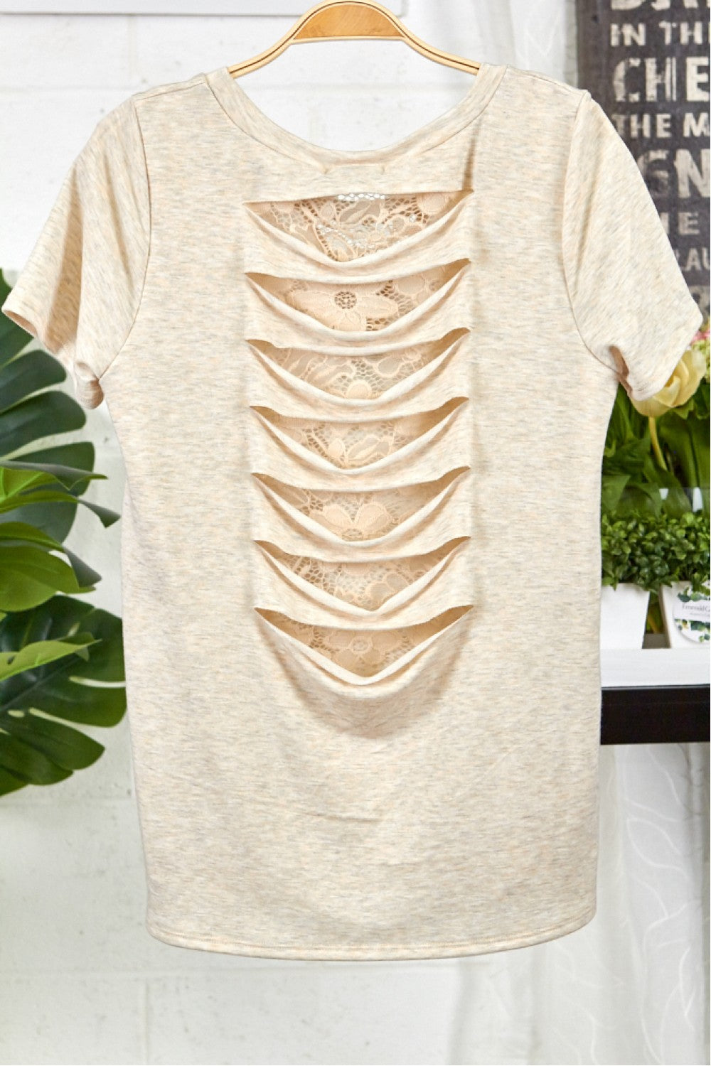 French Terry Short Sleeve Top With Lace Contrast Back